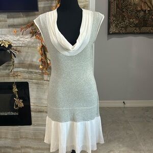 Iisli Sleeveless‎ Fit Flare Cotton Cowl Neck Midi Dress. Shimmer Silver/Creme. S